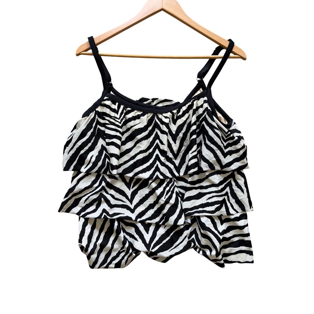 Maxine of Hollywood Tankini Top Womens 18W Black White‎ Zebra Tiered Ruffle
